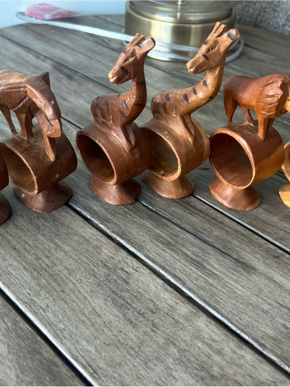 1960s Vintage Hand Carved Wood African Safari Animal Napkin Ring Holder Set of 6